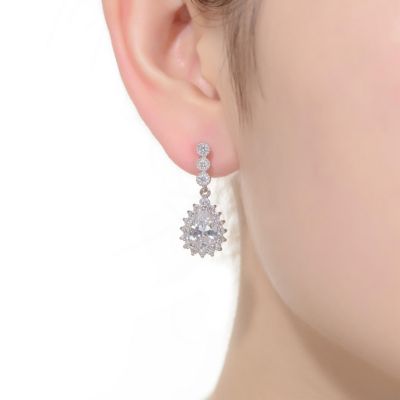 Sterling Silver with White Gold Plated Clear Pear and Round Cubic Zirconia Halo Drop Earrings