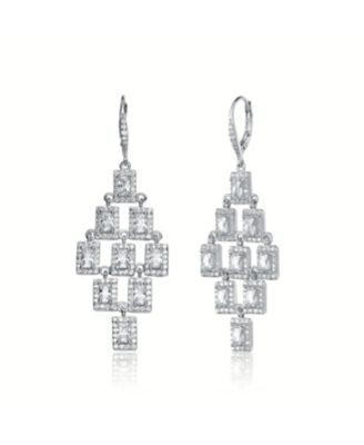 Sterling Silver White Gold Plated Clear Square Shape Chandelier Earrings