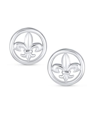 Ancient Symbol Lily Flower Circle Disc Fleur De Lis Stud Earrings MenLightweight Sterling Silver