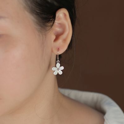 White Plumeria Flower Synthetic Opal Dangling Earrings Sterling Silver Lever Back