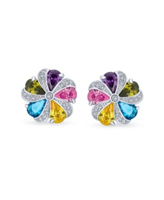 Rainbow Colorful Statement Multicolor CZ Swirling Circle Button Flower Stud Earrings