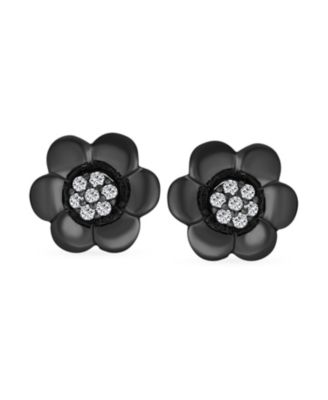 2 In 1 Removable Jackets Simple Danity Pave CZ Stud Center with Petal Flower Jacket Rose Stud Earrings Black Plated Sterling Silver