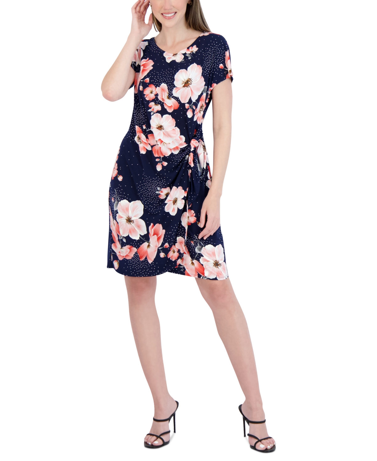 Shop Robbie Bee Petite Floral Print Tied A-line Dress In Navy,coral