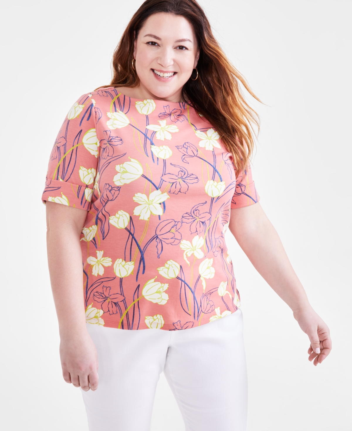 Style & Co Plus Size Printed Elbow-sleeve Top, Created For Macy's In Tulip Coral