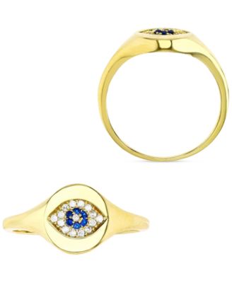 Cubic Zirconia Evil Eye Signet Ring in 14k Gold-Plated Sterling Silver