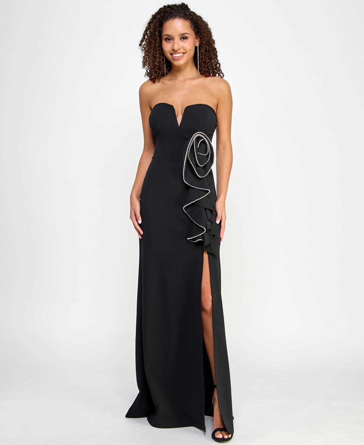 Speechless Juniors' Strapless Embellished Floral Gown In Black