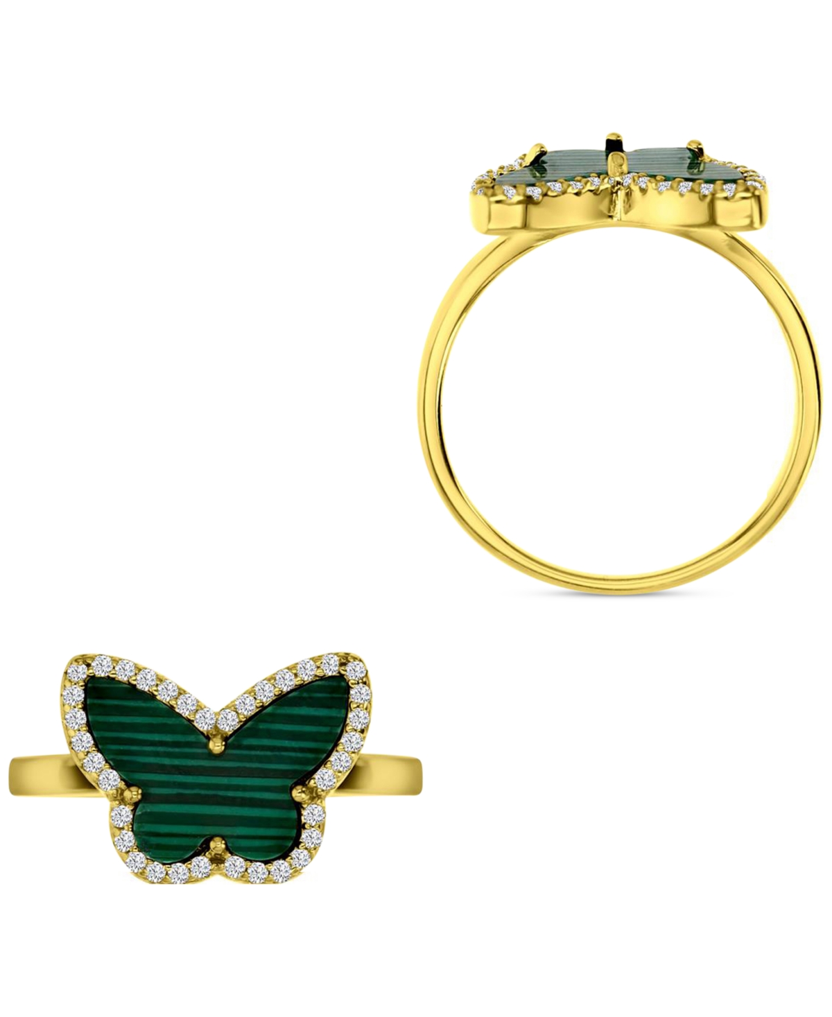 & Cubic Zirconia Butterfly Halo Ring in 14k Gold-Plated Sterling Silver - Malachite