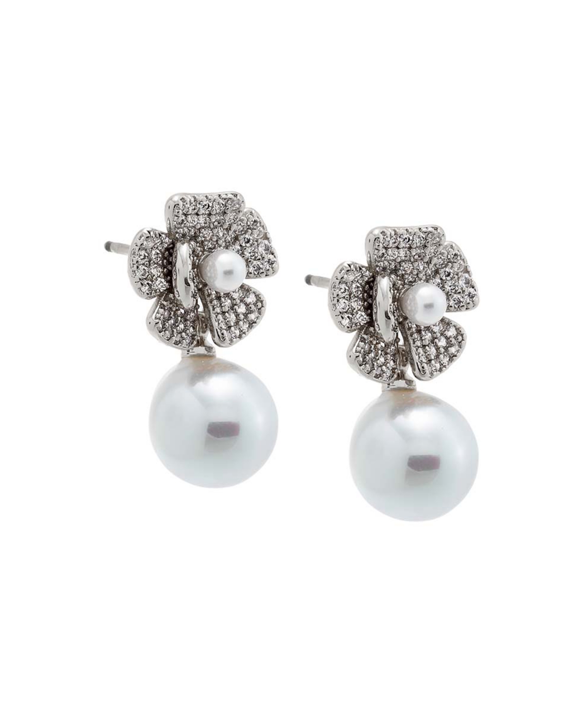 Shop By Adina Eden Pave Dangling Flower Imitation Pearl Stud Earring In Silver