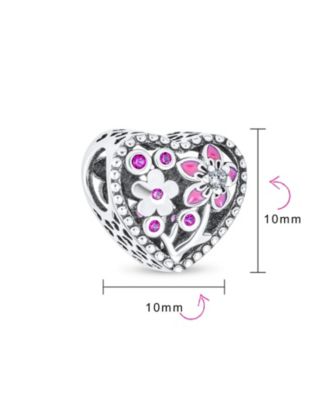 Valentine CZ Accent Pink Red Enamel Flower Heart Charm Bead Fits European Bracelet