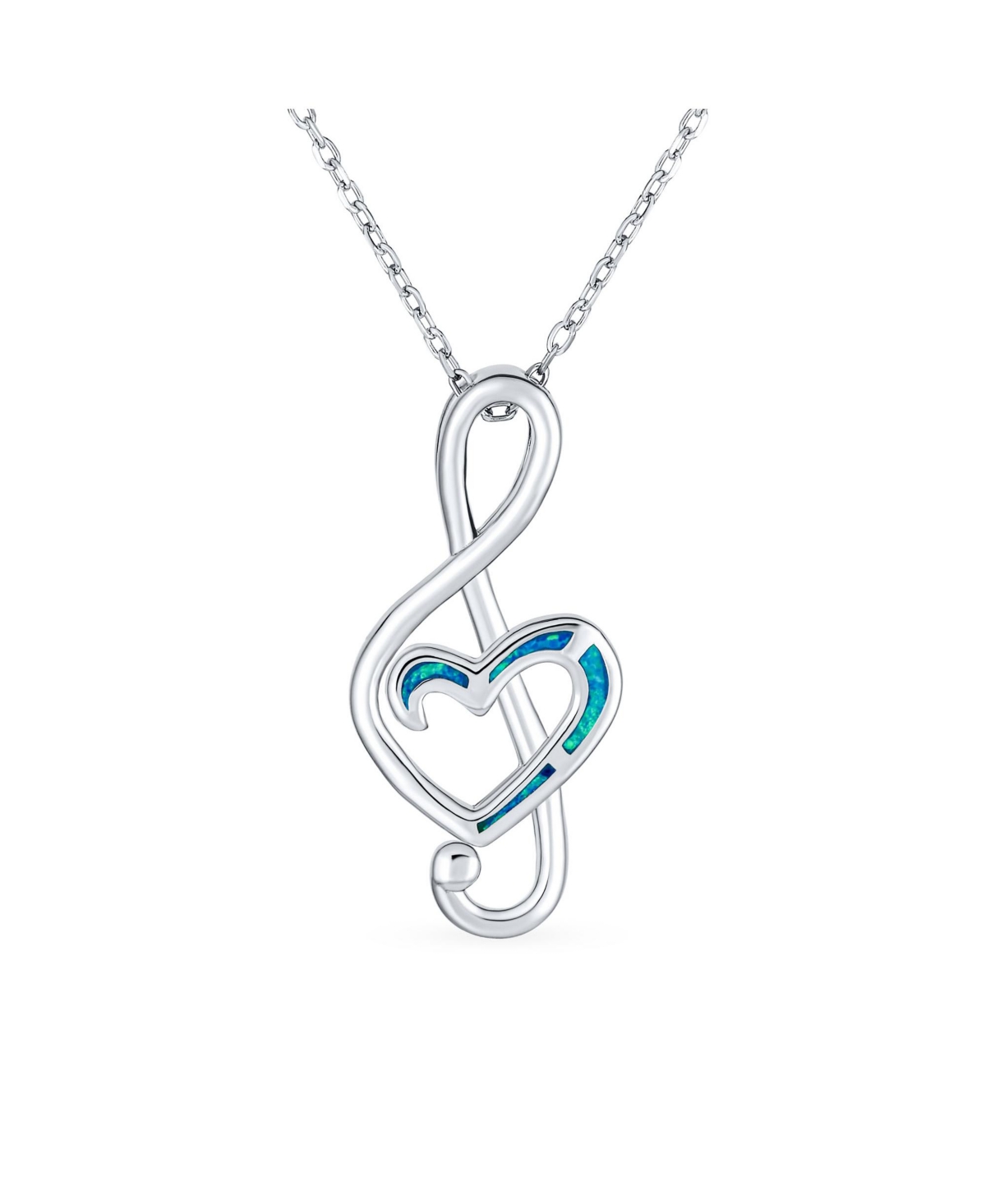 Musical Gemstone Music Student Teacher Created Blue Opal Inlay Heart Treble Clef Note Pendant Necklace For Teen Women .925 Sterling Silver - Blue