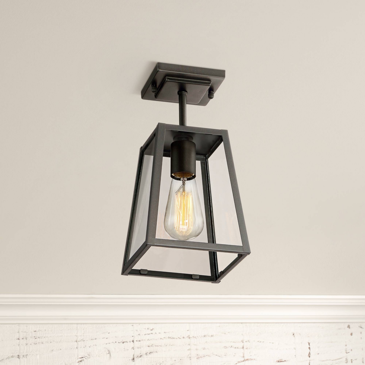 Arrington Modern Industrial Semi Flush-Mount Outdoor Ceiling Light Fixture Mystic Black 6" Clear Glass Damp Rated for Exterior House Porch Patio Outsi