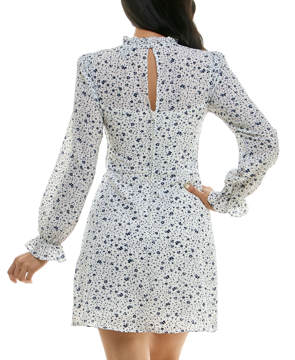 Shop B Darlin Juniors' Printed Mock-neck Long-sleeve Dress In Cream,navy