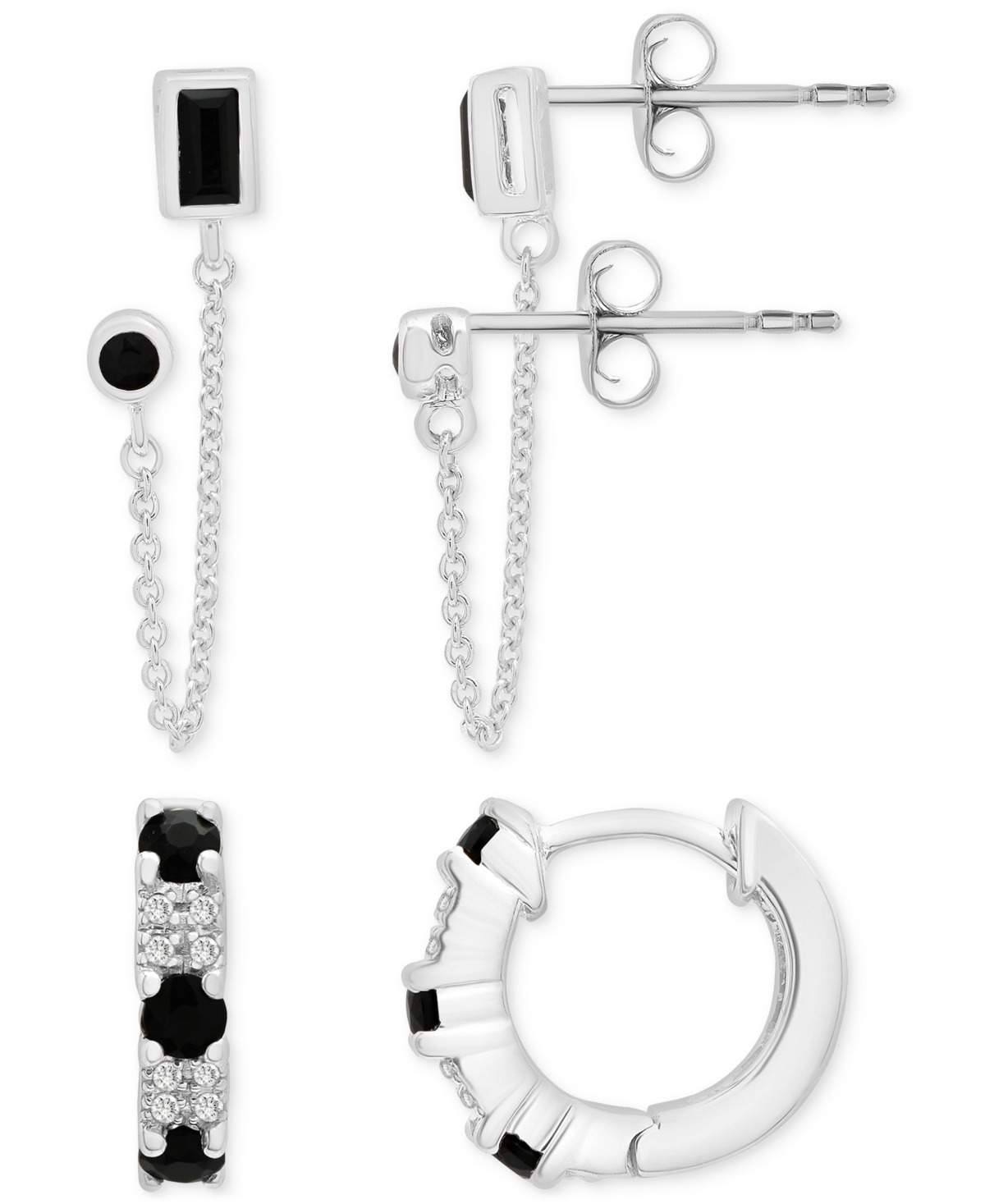 Macy's 2-pc. Set Onyx & White Topaz Double Pierced Chain Earrings, & Small Huggie Hoop Earrings In Sterling In White Topaz  Onyx