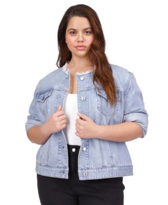 Michael Kors - Plus Size Collarless Frayed Denim Jacket