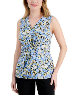AK Anne Klein - Petite Printed V-Neck Twist-Front Sleeveless Top