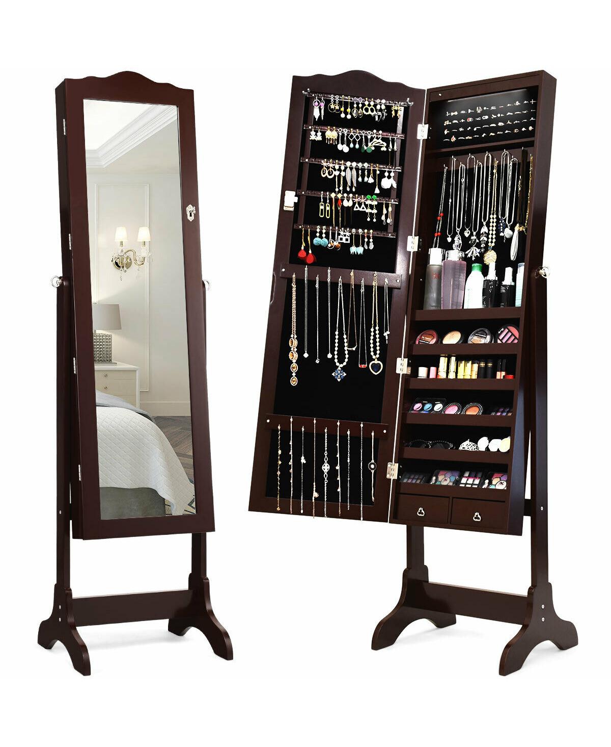 14 Led Jewelry Armoire Cabinet with Full Length Mirror and 4 Tilting Angles-Coffee - Dark Brown