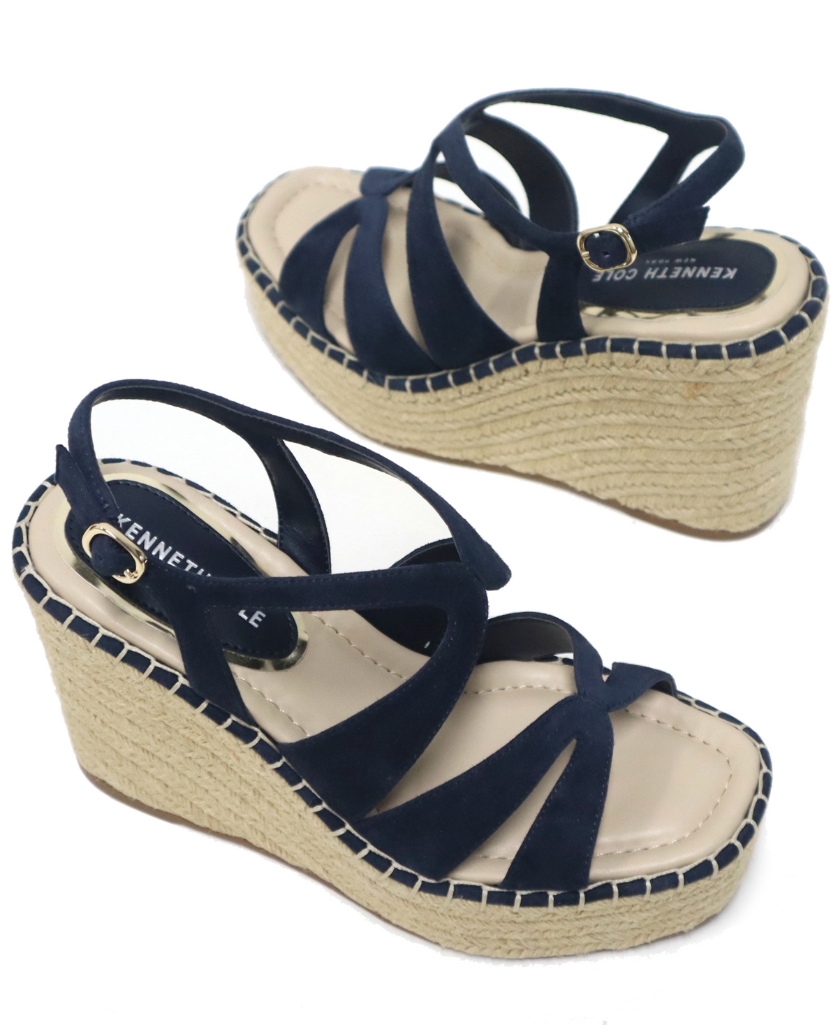 Kenneth Cole New York Women's Solace Espadrille Platform Wedge Sandals - Navy- Kid Suede
