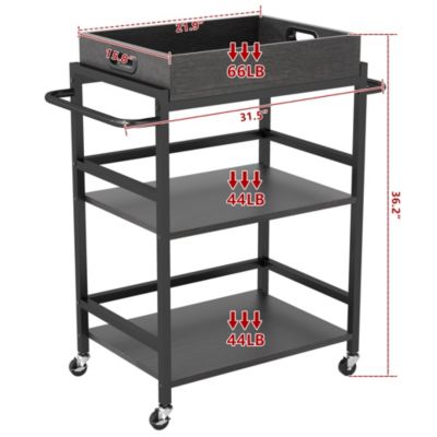 3-Tier Rolling Bar Cart with Removable Serving Tray, Metal Frame, and Lockable Wheels for Kitchen, Dining, or Living Room