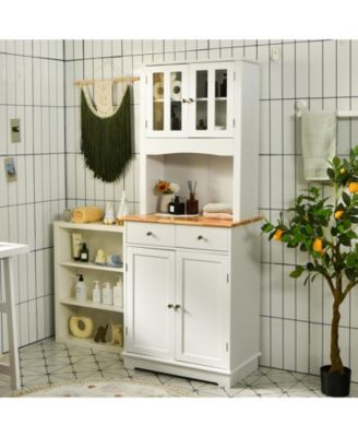 67" Tall MDF, Engineered & Rubber Wood, Wood Top, Hutch, Adjustable Shelves, Glass Doors Kitchen Pantry Cabinet