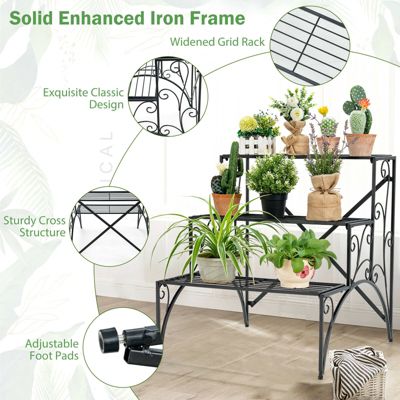 3-Tier Metal Plant Stand with Widened Grid Shelf for Porch Garden