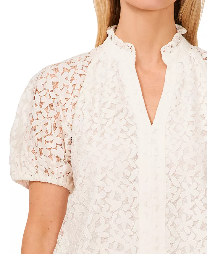 Women's Floral Lace Puff Sleeve Split Neck Top - thumbnail 3