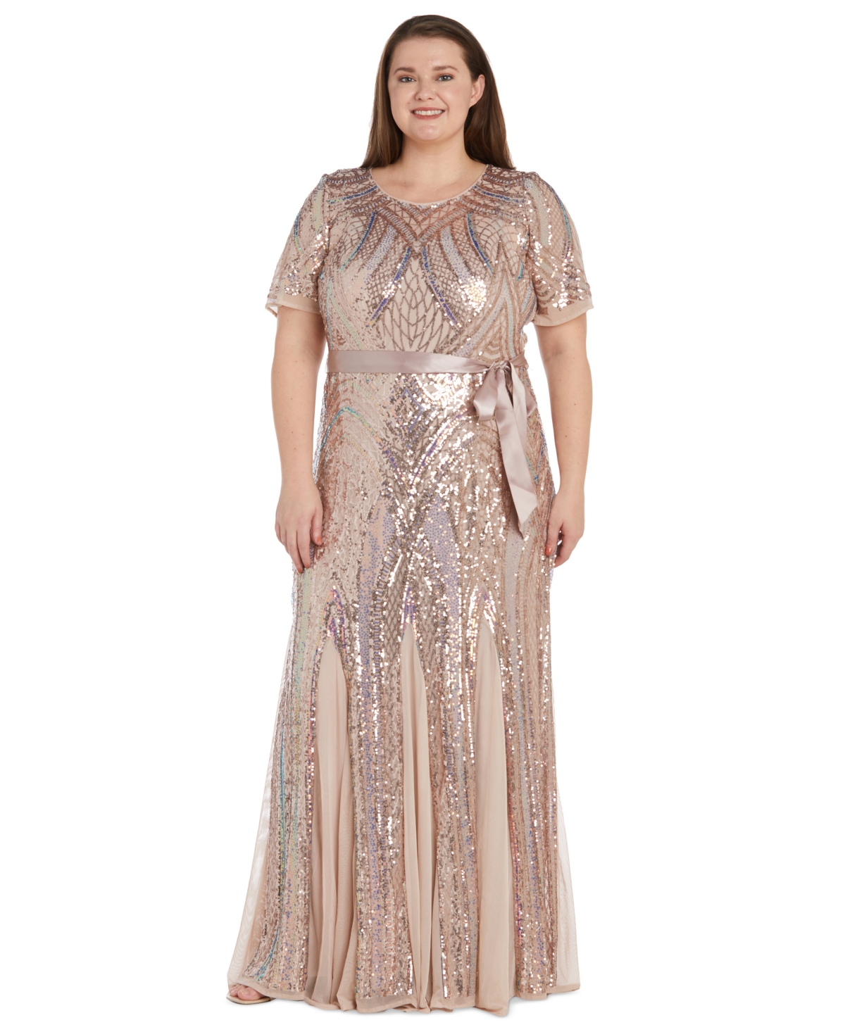 R & M Richards Plus Size Sequined Short-sleeve Godet Gown In Blush,iris