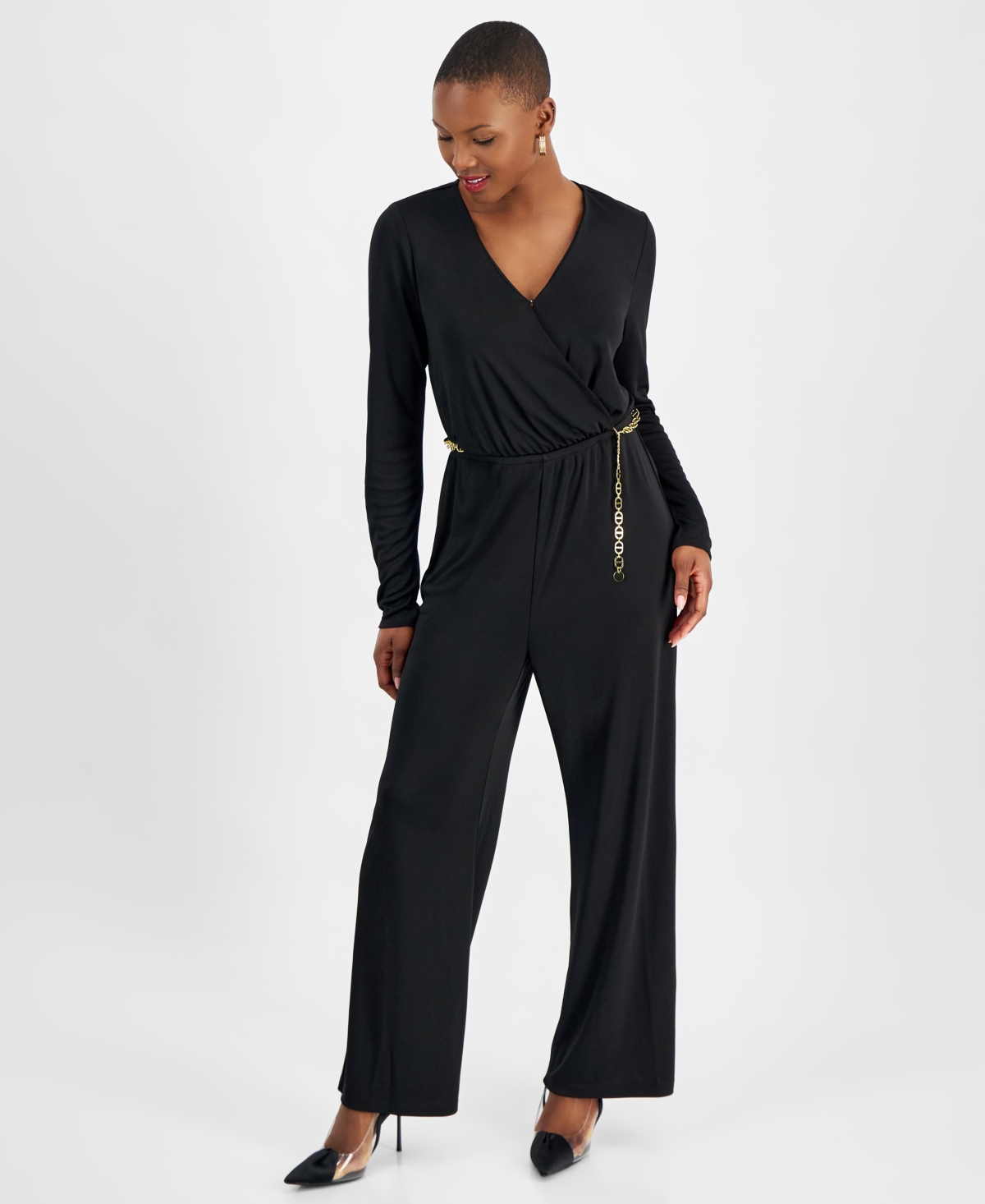 Inc International Concepts Petite V-neck Chain-belt Jumpsuit, Created For Macy's In Deep Black