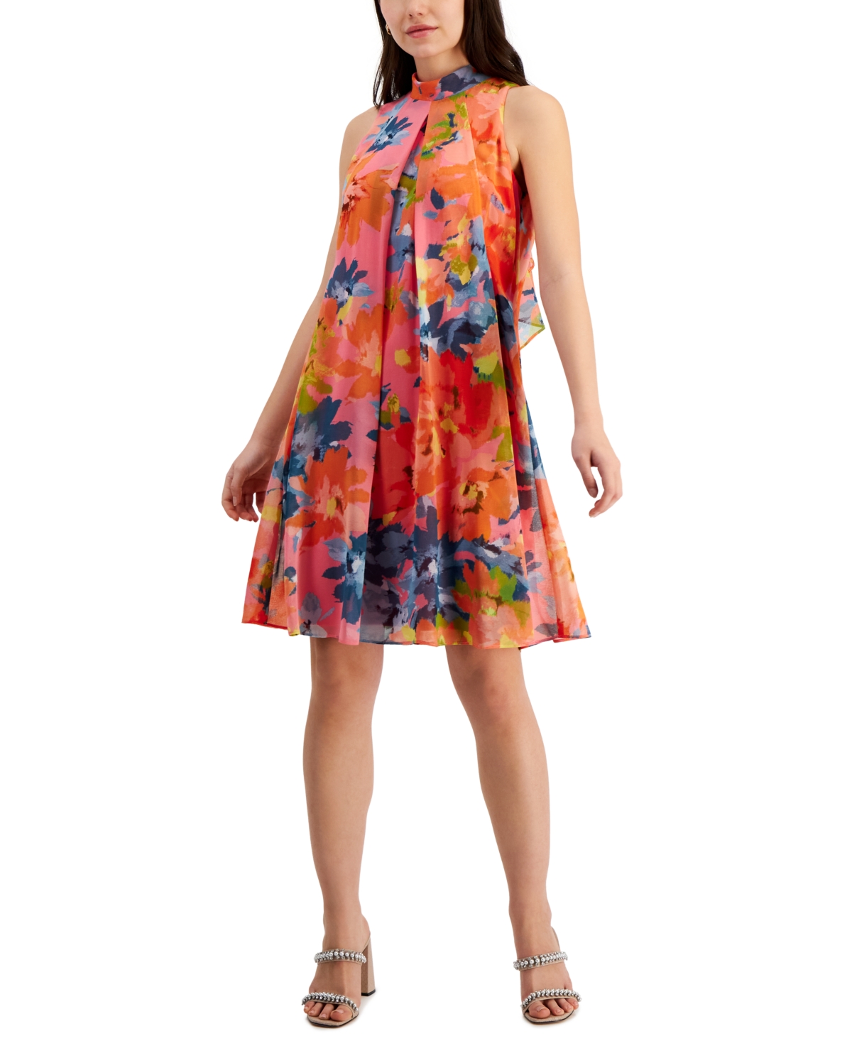 Women's Floral-Print Sleeveless Trapeze Dress - Pink/orang
