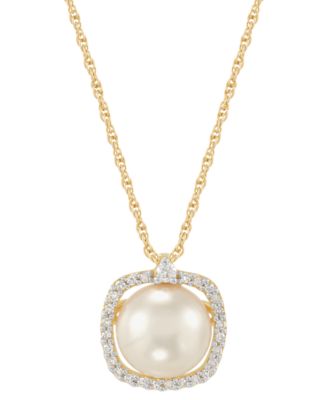 Honora - Cultured Freshwater Pearl (8mm) & Diamond (1/10 ct. t.w.) Halo 18" Pendant Necklace in 14k Gold