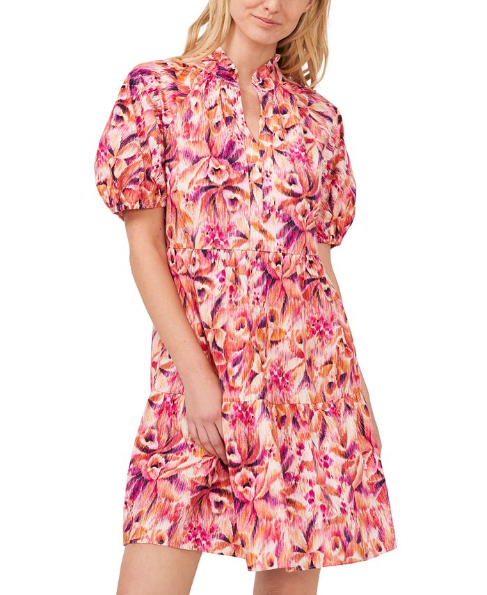 CeCe Women's Printed Puff Sleeve Ruffled Neck V-Neck Tiered Baby Doll ...