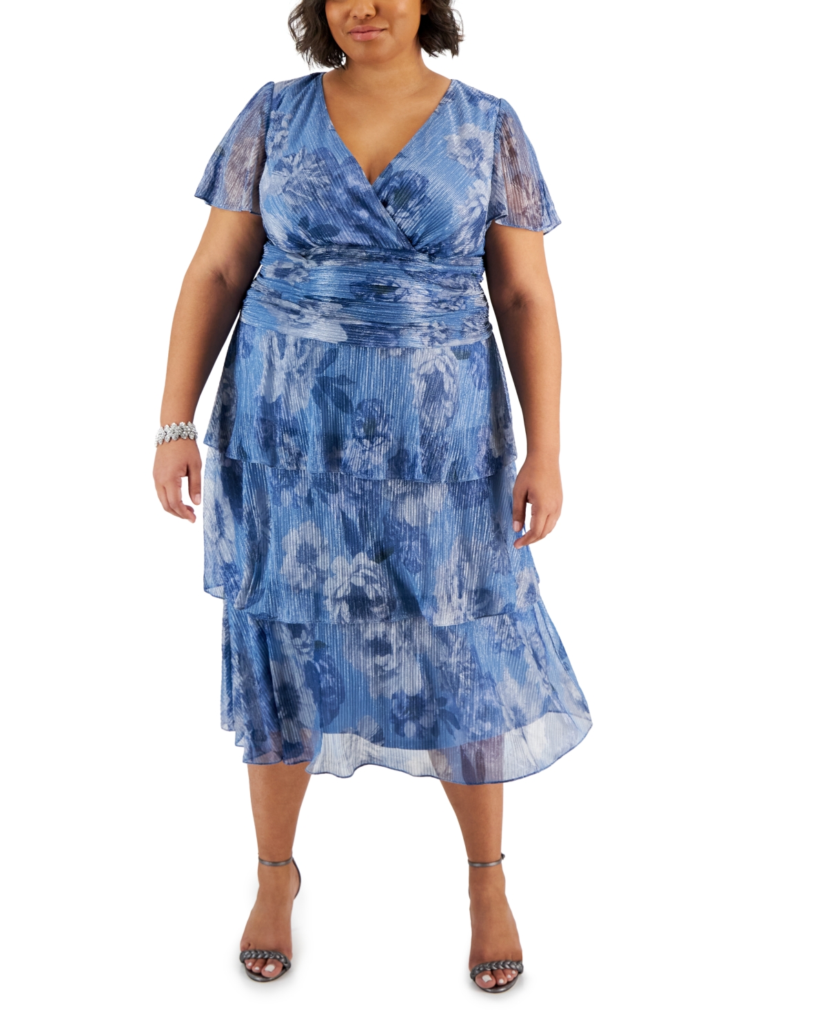 Plus Size Tiered Glitter A-Line Midi Dress - Blue Multi