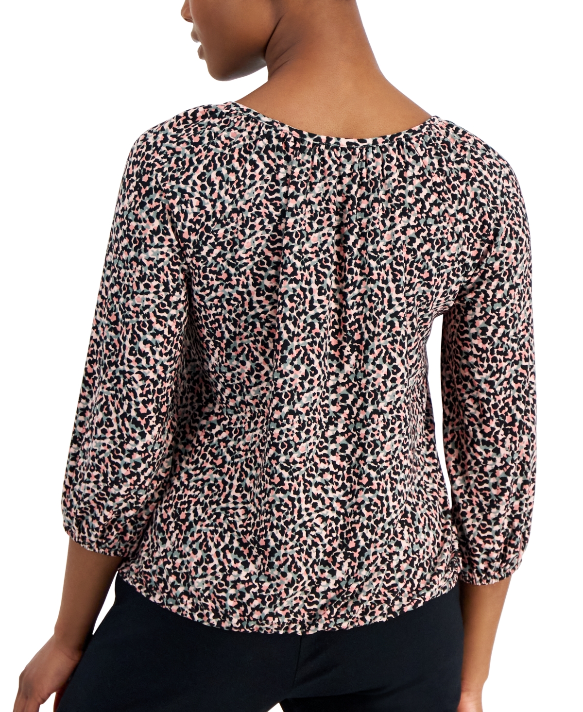 Ak Anne Klein Petite 3/4-Sleeve Animal-Print Peasant Top -Dark Jade Stone Multi