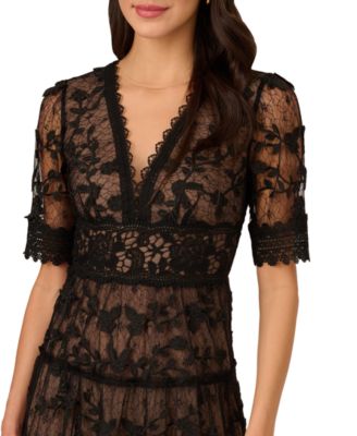 【海外限定】AdriannaPapell ドレス☆Lace Embroidery Black Dre Adrianna Papell Women's V-Neck Lace Embroidered Dress - Macy's