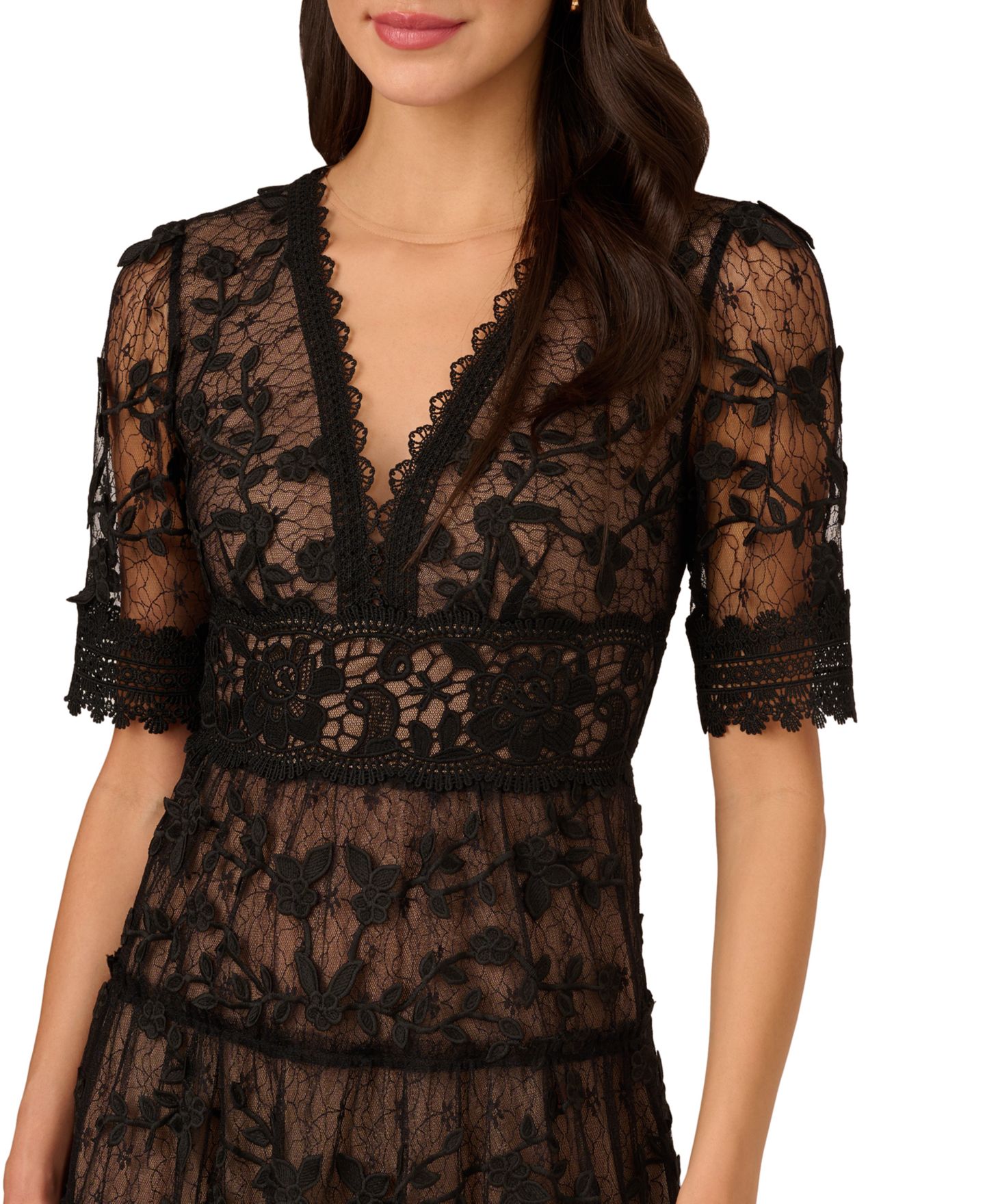 Женское платье Adrianna Papell V-Neck Lace Embroidered, цвет: Чёрный телесный — фото 4