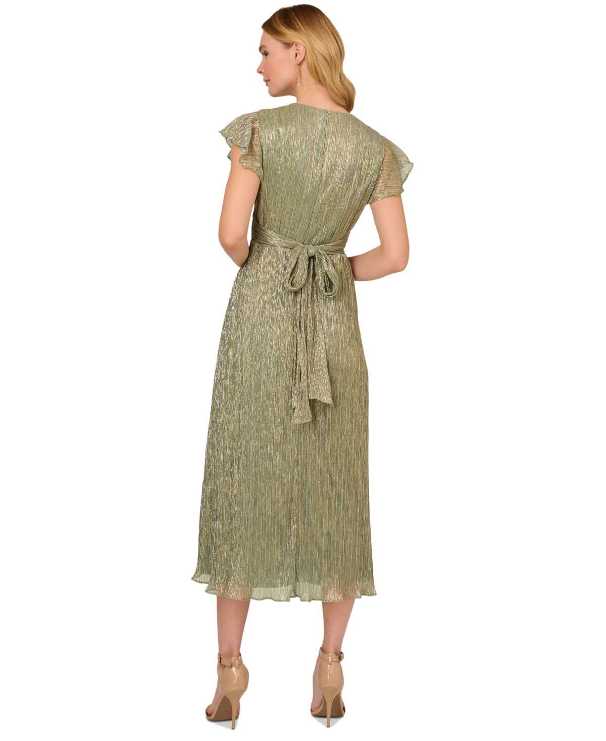Shop Adrianna Papell Women's V-neck Crinkle Mesh Midi Dress In Greenslate