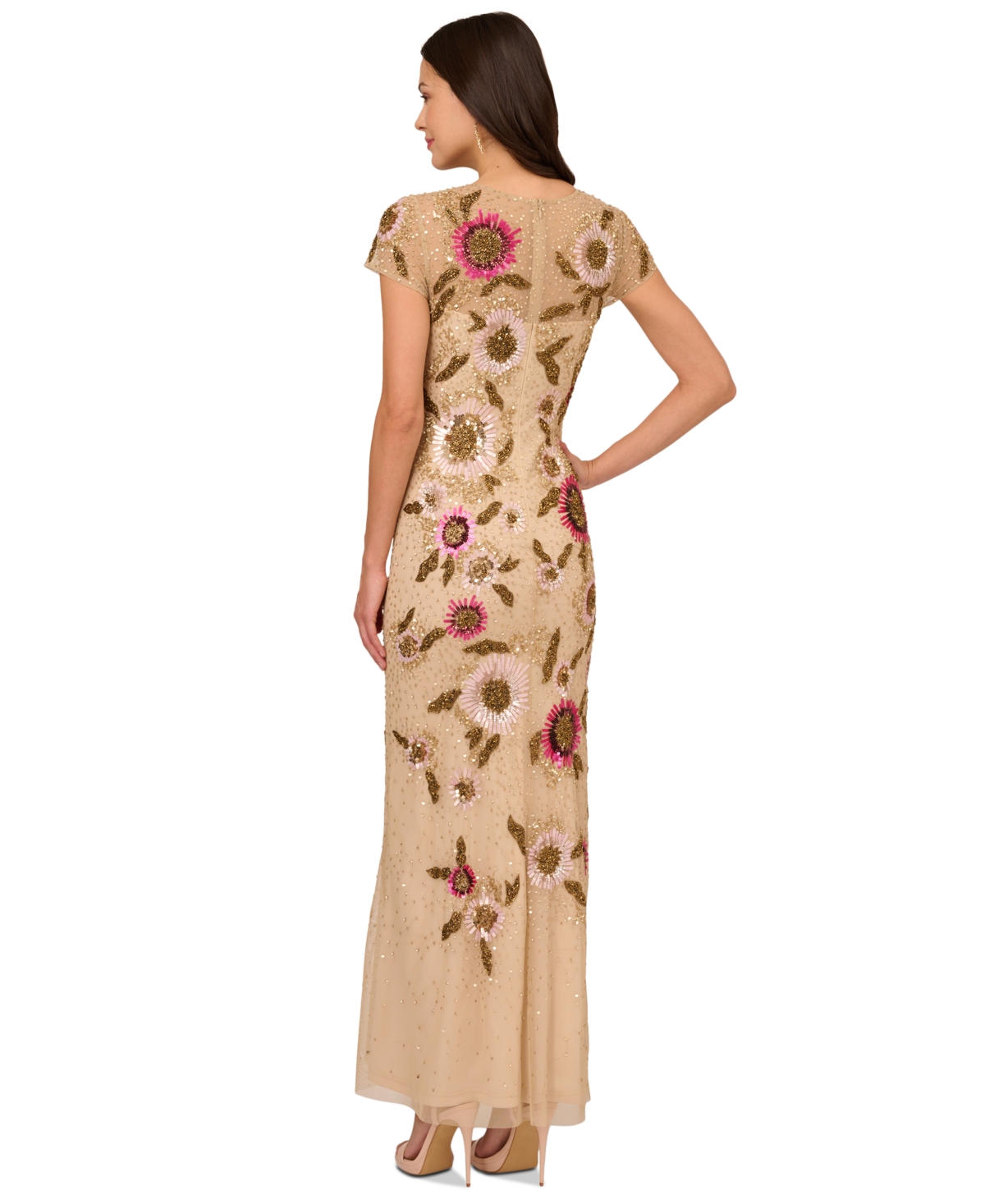 Shop Adrianna Papell Women's Round-neck Embellished Gown In Nude Multi