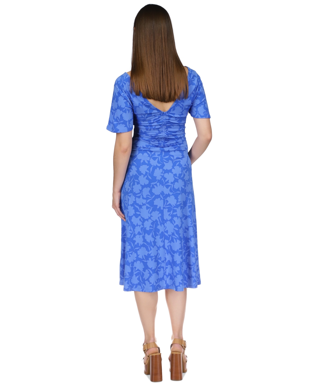Shop Michael Kors Michael  Women's Floral-print Tie V-neck Ruched Midi Dress, Regular & Petite In Grecian Blue