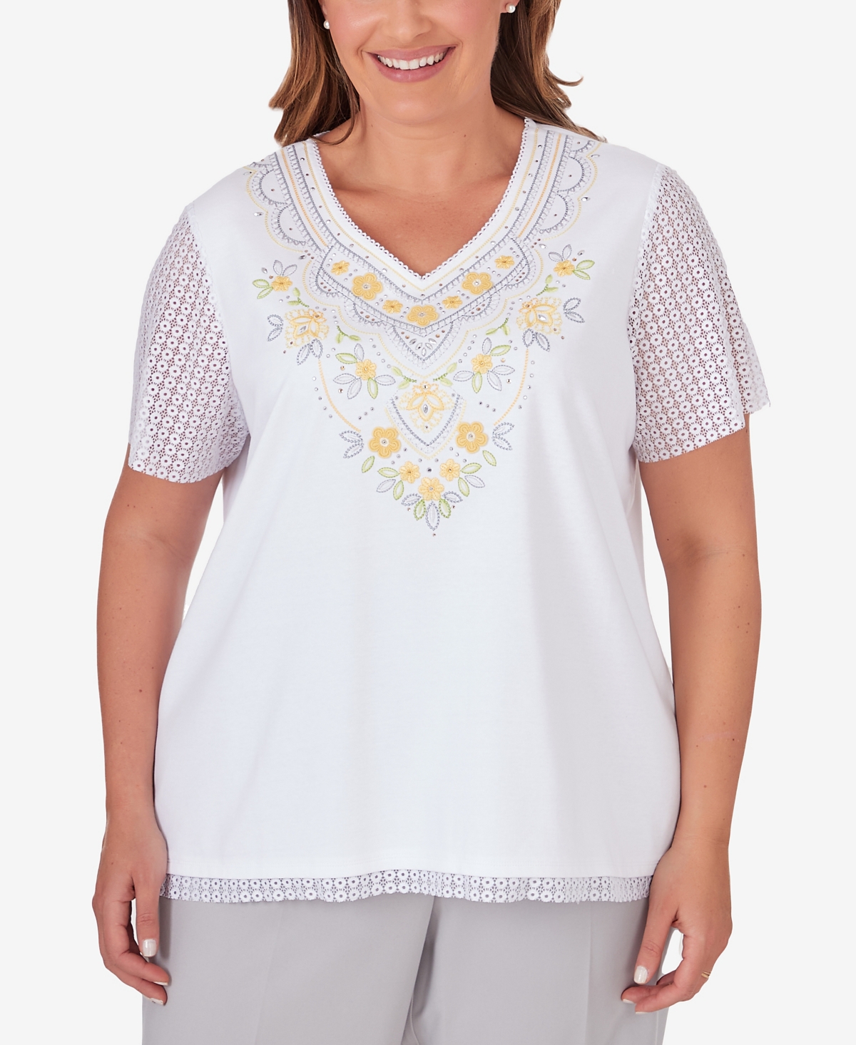Shop Alfred Dunner Plus Size Charleston Embroidered Top With Lace Sleeves In White