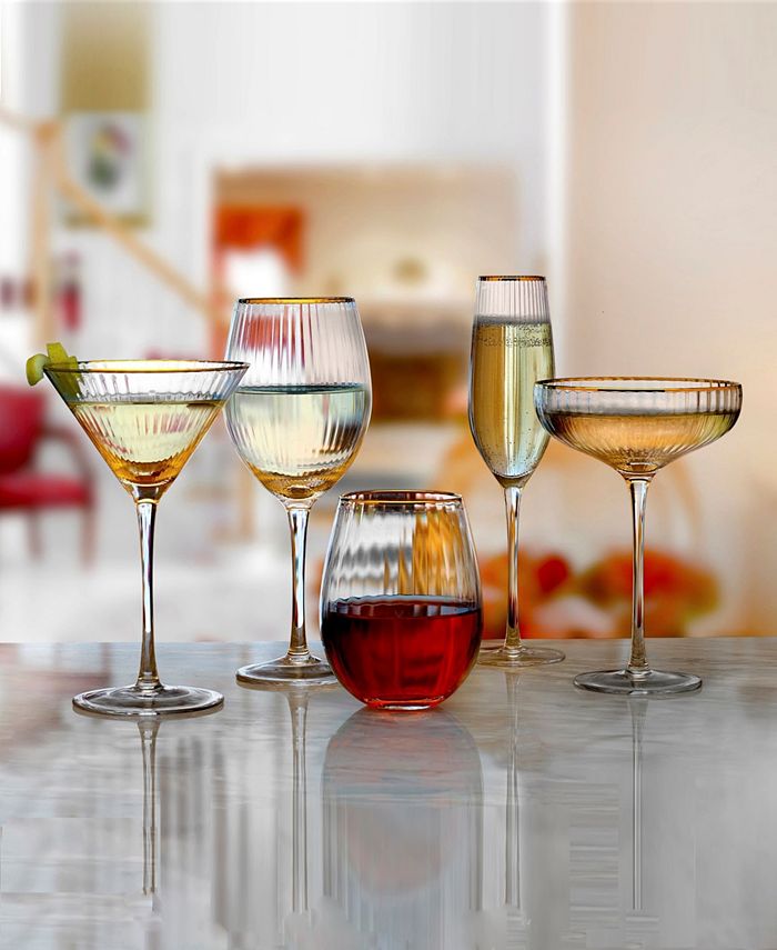 Qualia Rocher Gold Rim Ribbed Martini Glasses Set Of 4 - Hand Blown, Lead-Free