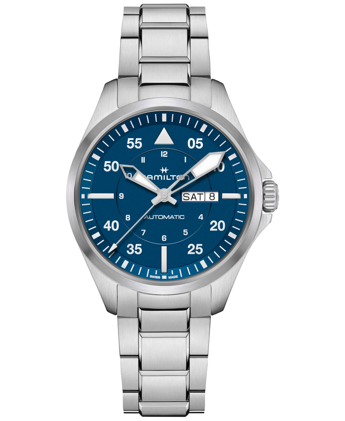 Shop Hamilton Men's Swiss Automatic Khaki Aviation Day Date Stainless Steel Bracelet Watch 42mm In Silver