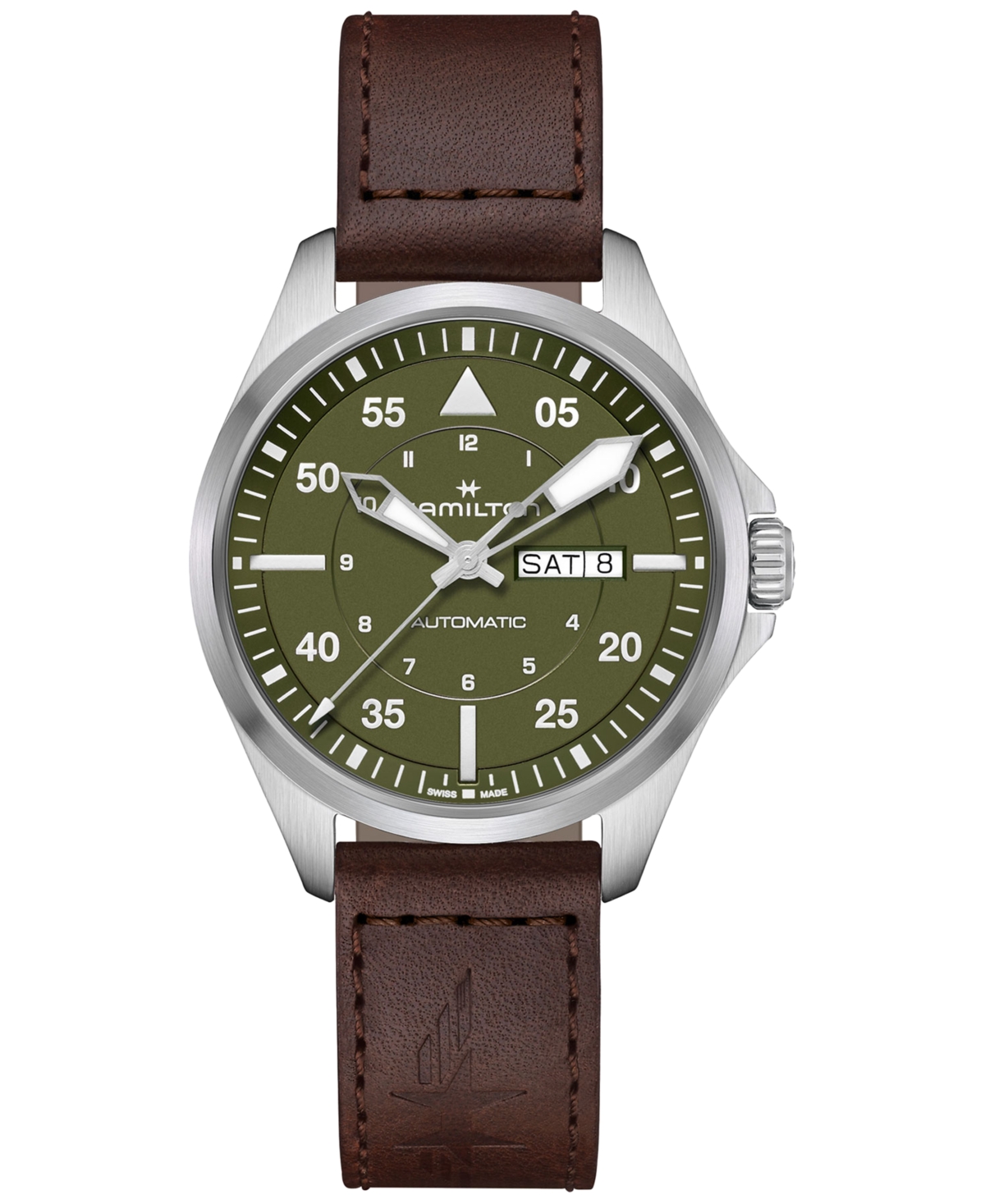 Men's Swiss Automatic Khaki Aviation Day Date Brown Leather Strap Watch 42mm - Brown