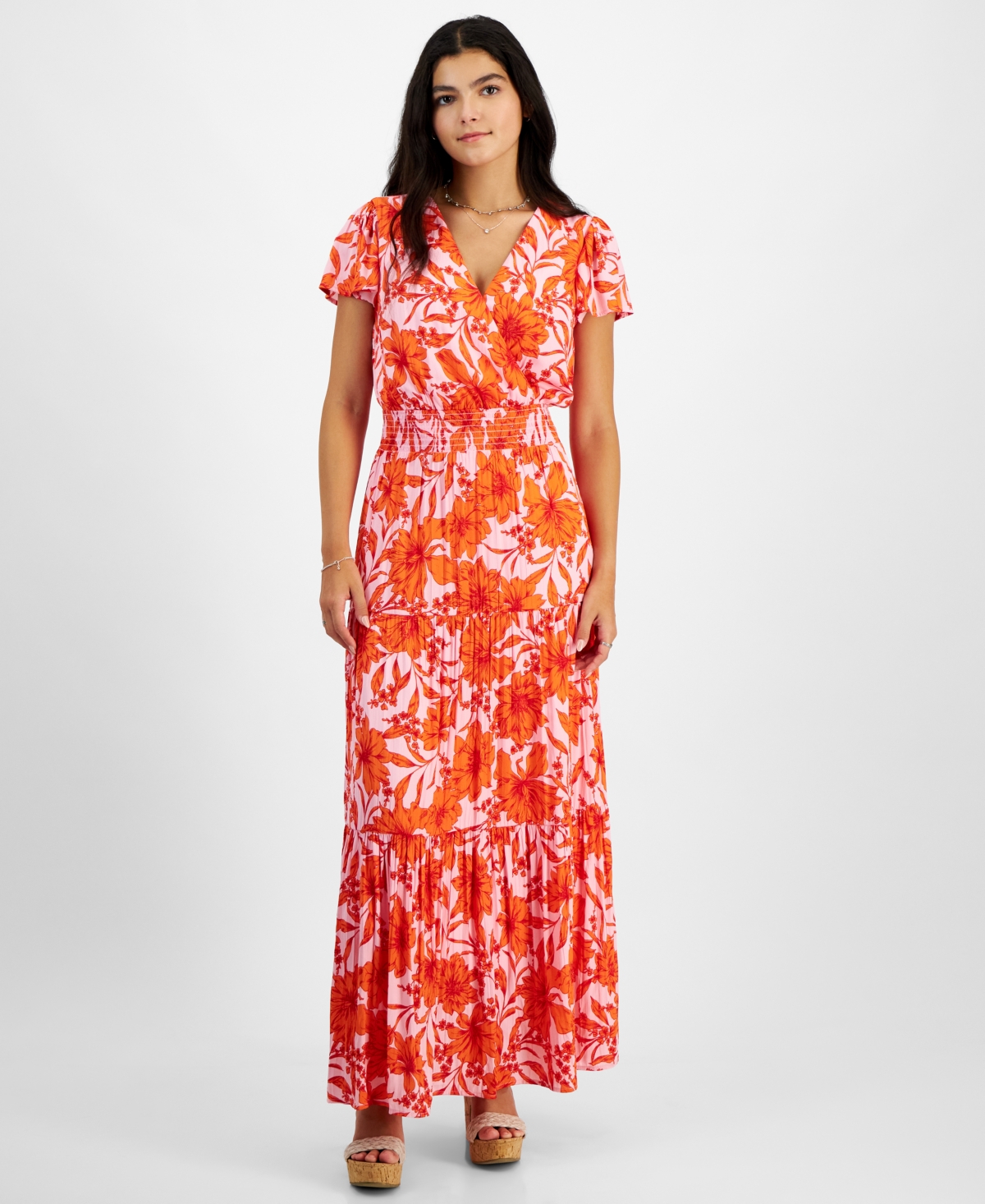 Juniors' Floral-Print Tiered Maxi Dress - Pink Orange Multi