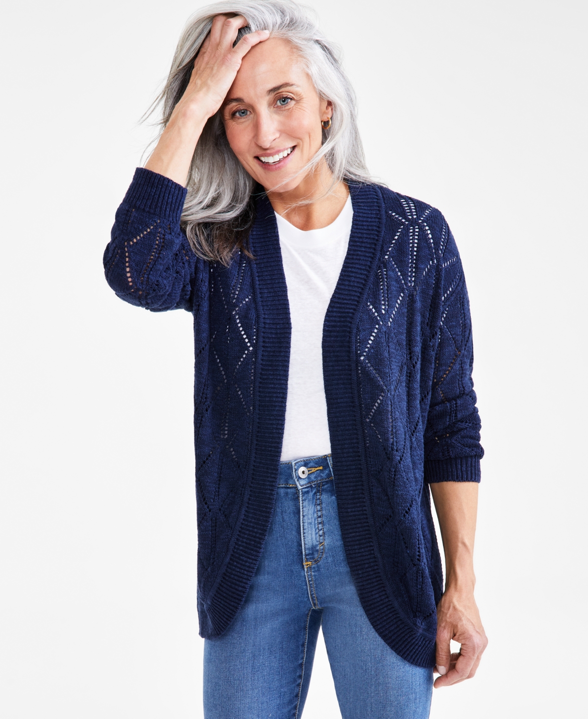Shop Style & Co Petite Open-stitch Long-sleeve Cardigan, Created For Macy's In Industrial Blue