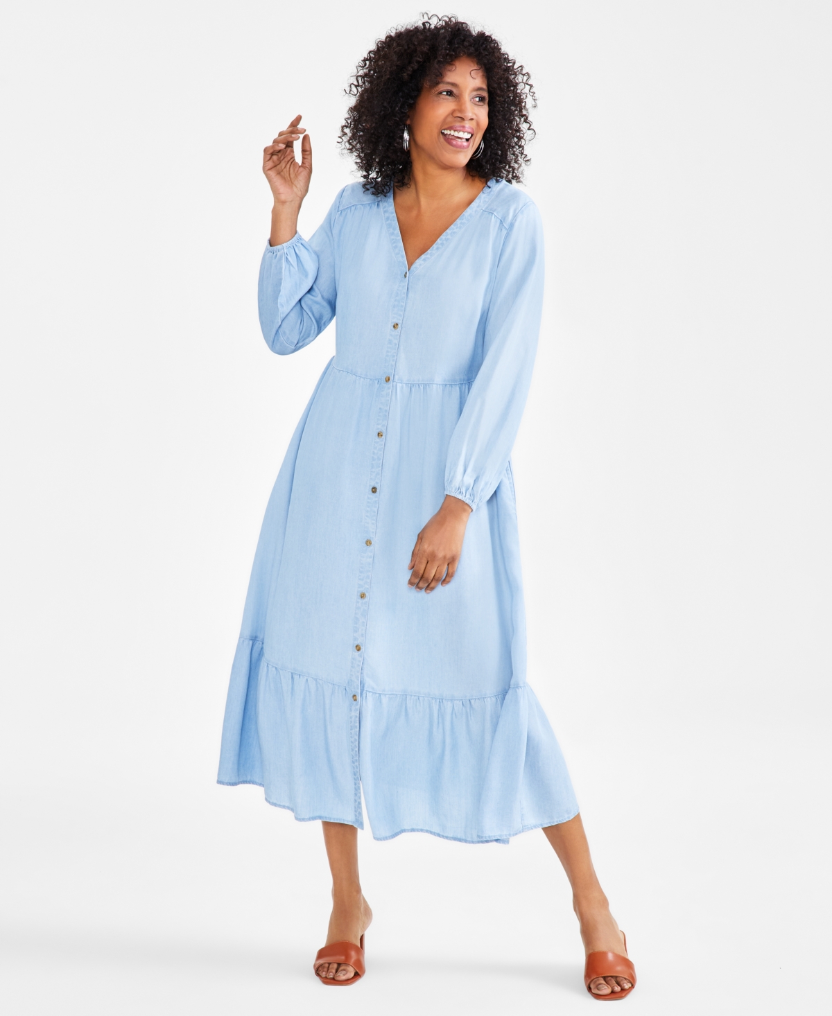 Shop Style & Co Petite Chambray V-neck Tiered Shirtdress, Created For Macy's In Emma Wash