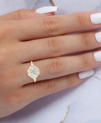 Cubic Zirconia Hexagon Halo Ring in 14k Gold-Plated Sterling Silver