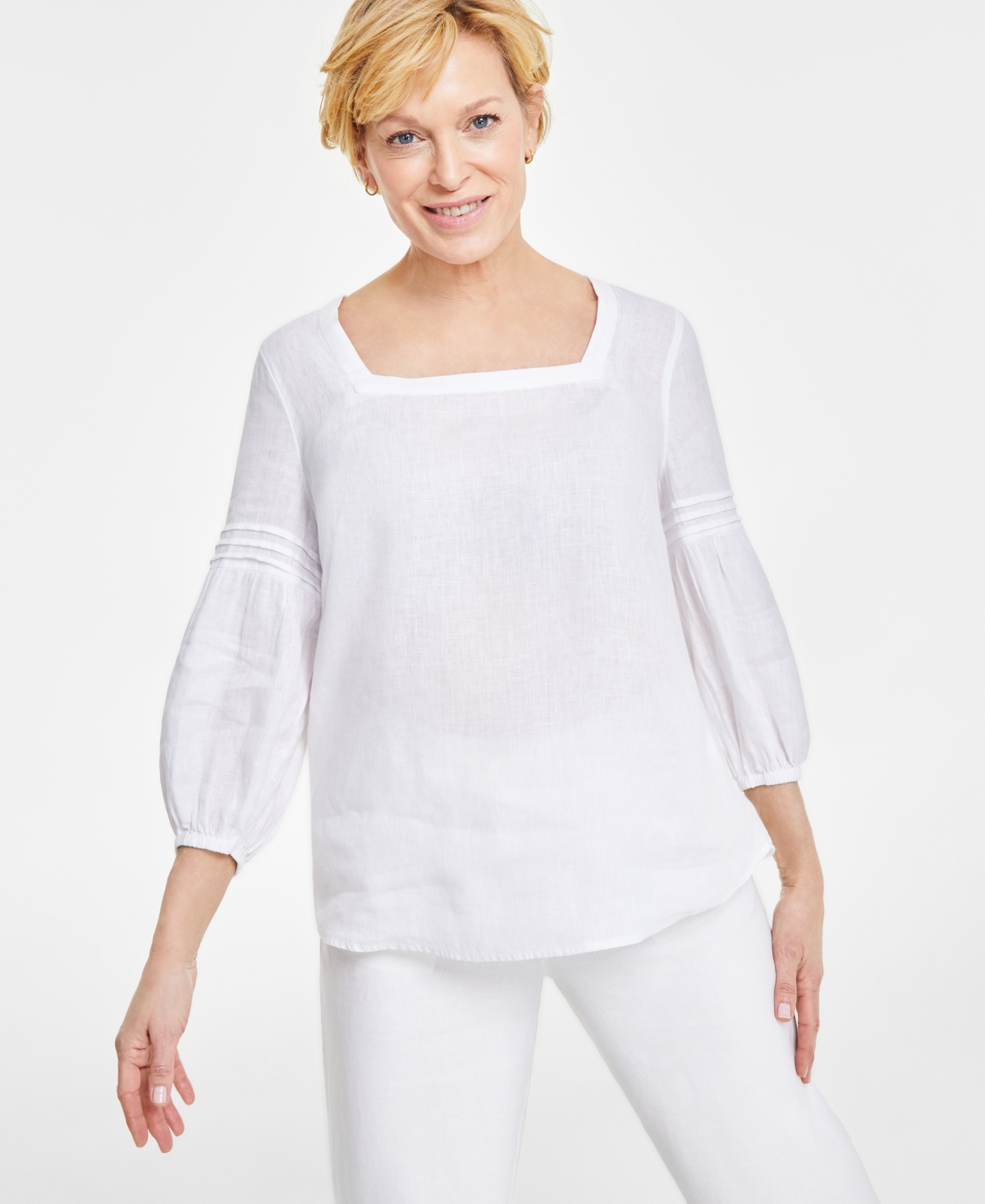 Women's 100% Linen Woven Square-Neck Top, Created for Macy's - Bright White