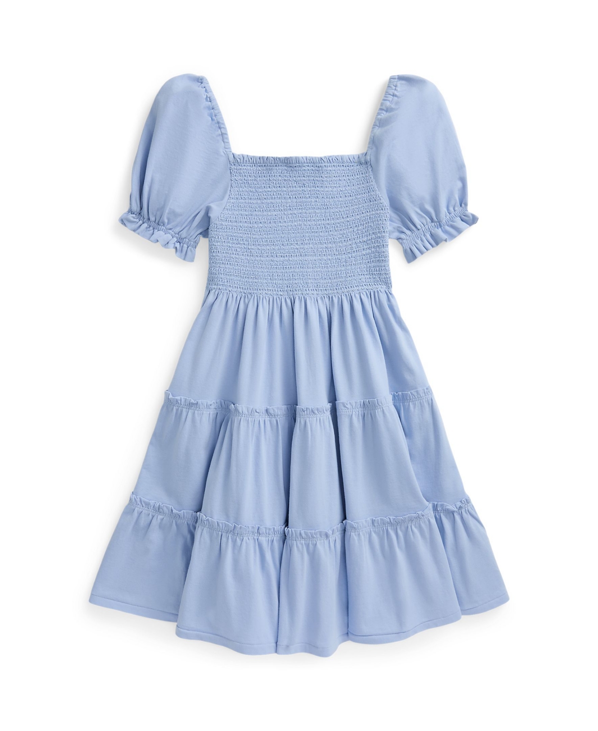 Shop Polo Ralph Lauren Big Girls Smocked Cotton Jersey Dress In Blue Hyacinth With White
