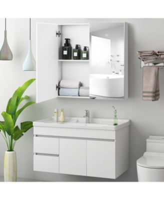 2-Tier Wall-Mounted Storage Cabinet with Double Mirror Doors