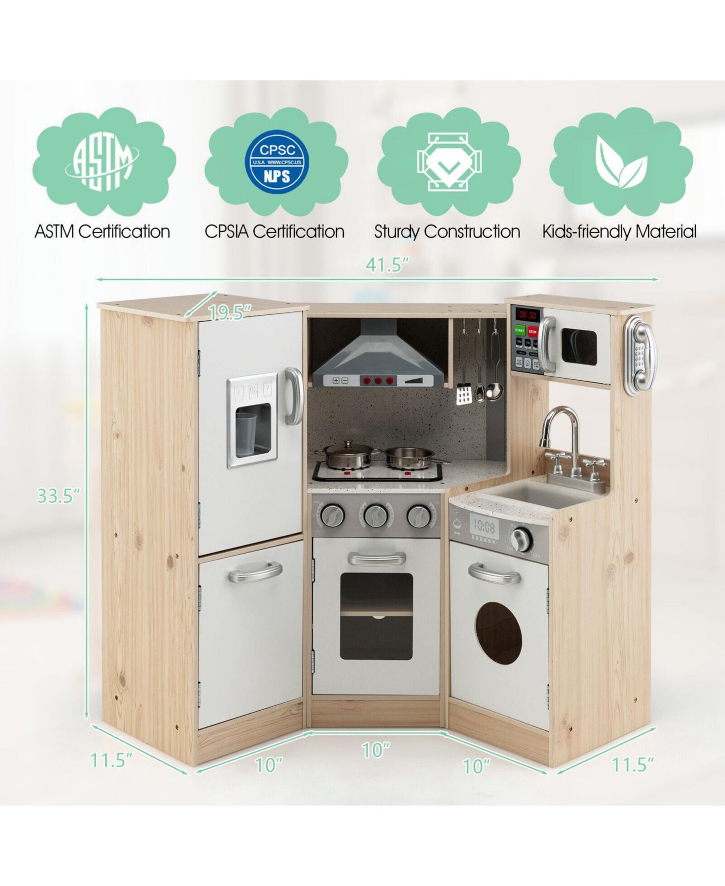 Детский игровой набор SUGIFT Kids Corner Wooden Kitchen Playset with Cookware Accessories, L-Shape Pretend Play Chef Station for Toddlers — фото 10