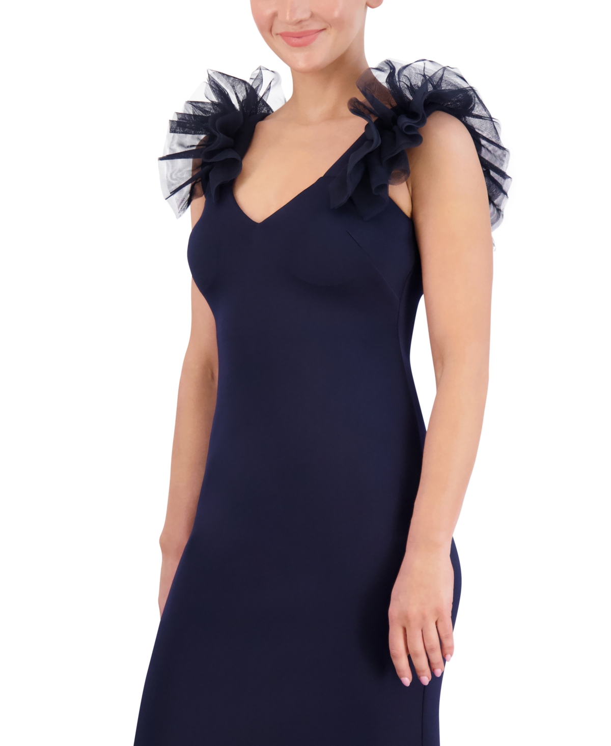 Shop Eliza J Petite Ruffled Tulle-trim Gown In Navy